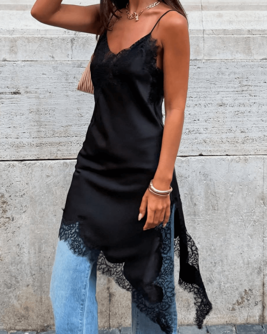 ZEYA - Chiara Asymmetric Satin Lace Midi Dress