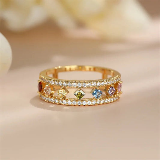 ZEYA - Emily Ring - Dainty Square Ring with Rainbow Crystal for Women