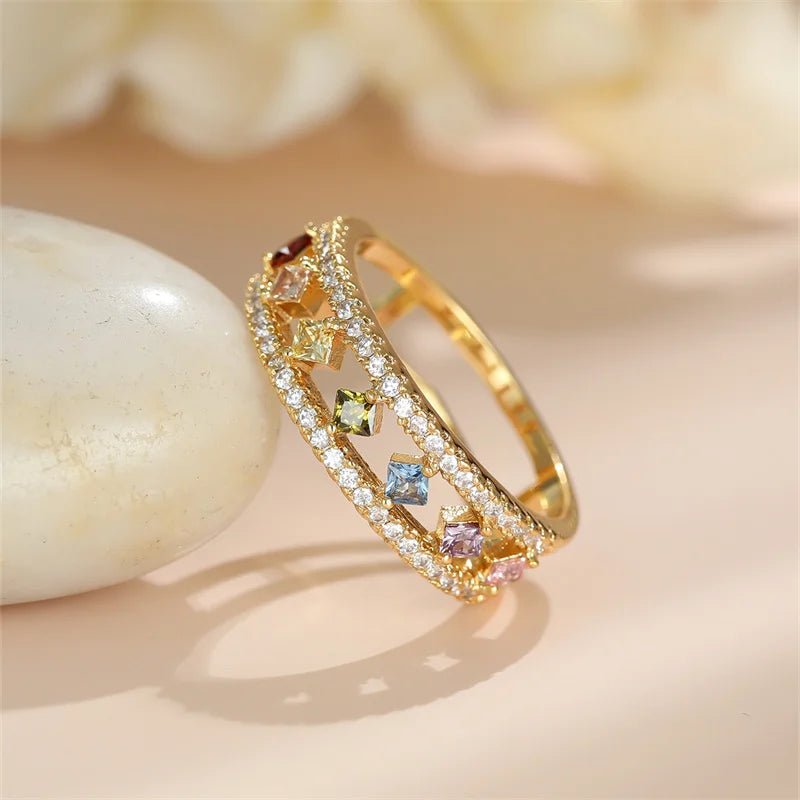 ZEYA - Emily Ring - Dainty Square Ring with Rainbow Crystal for Women