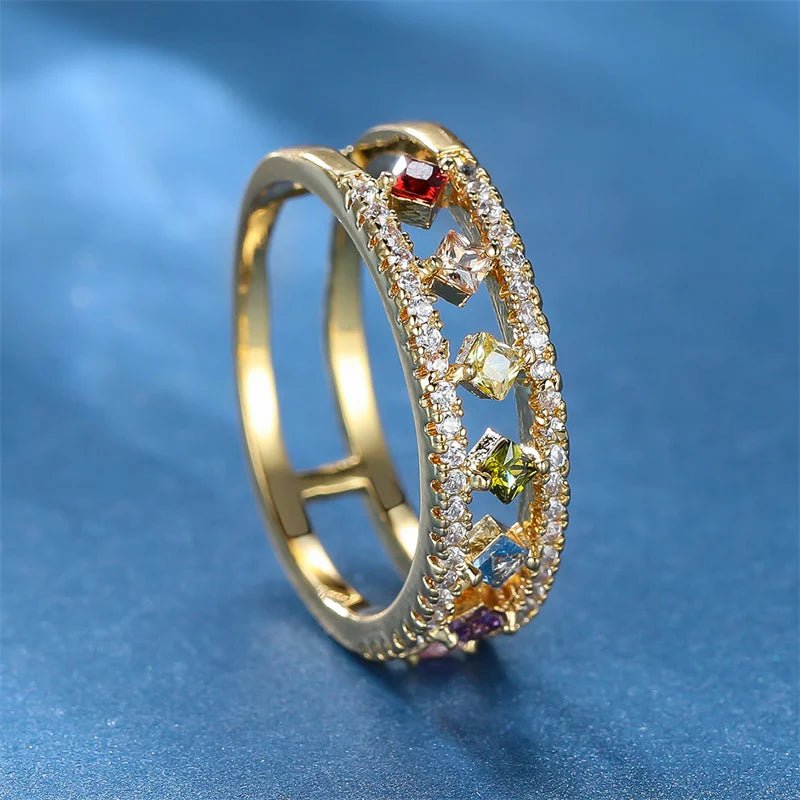 ZEYA - Emily Ring - Dainty Square Ring with Rainbow Crystal for Women